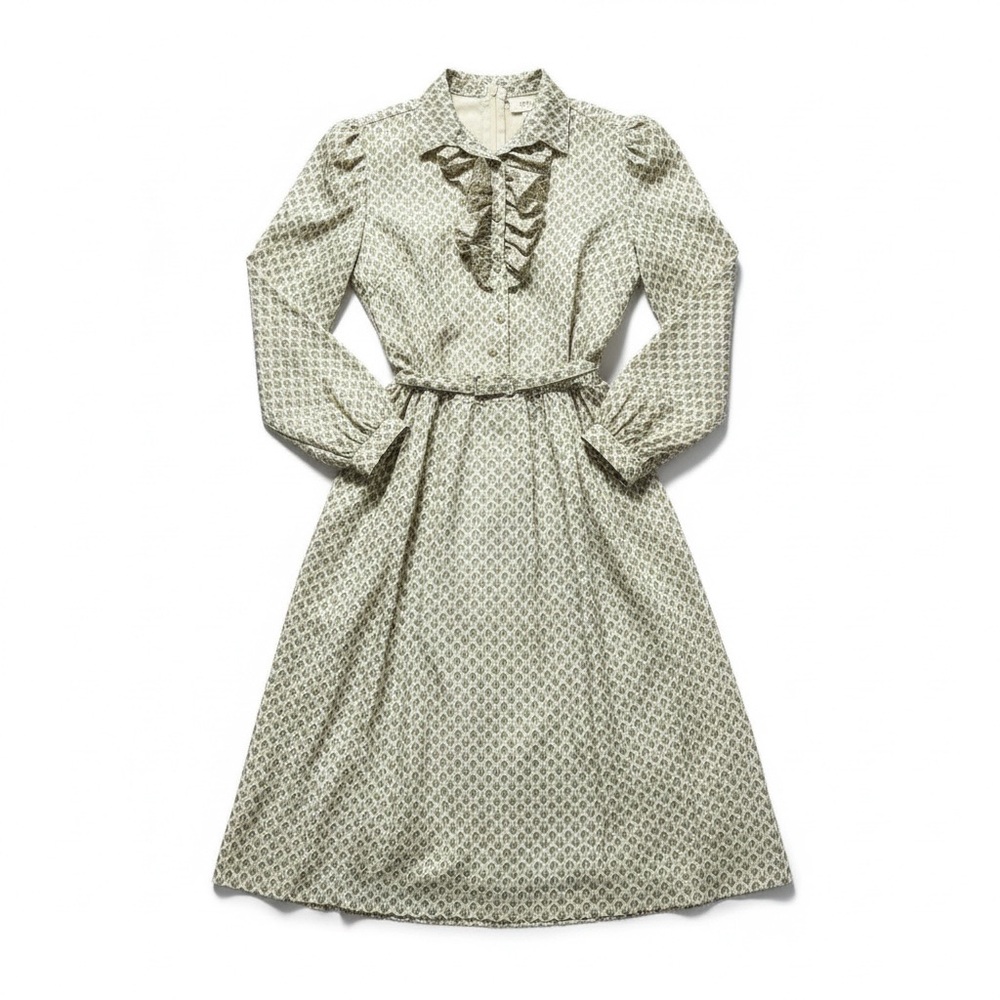 VTG 70s Kay Windsor Ruffled Polyester Belted Knee Length Day Office Dress L
